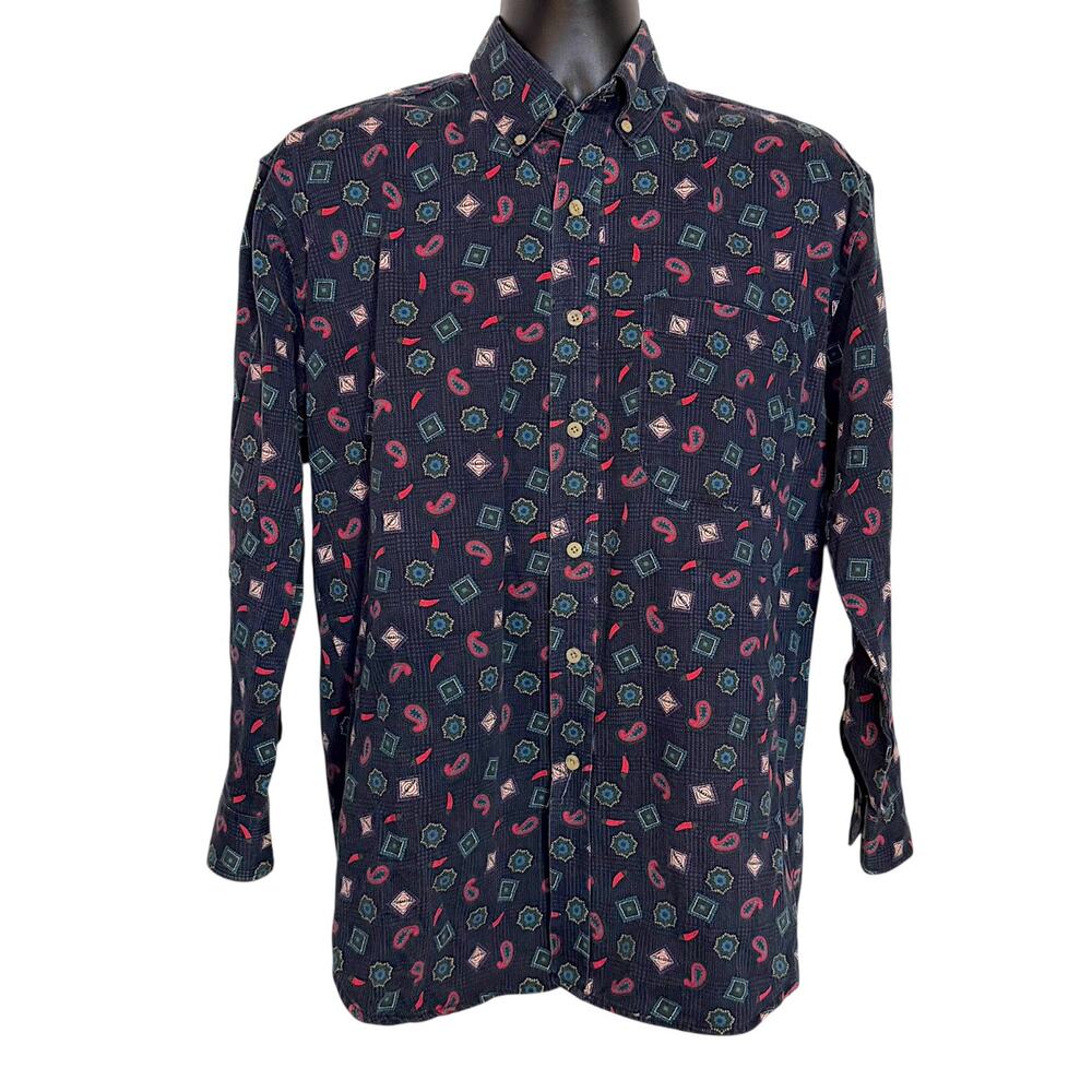 Vtg 90s Tabasco Sportswear Chili Pepper All Over Print Button Down Shirt Navy M